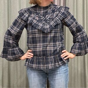 Max Studio London ruffled plaid top navy cowgirl flounce cottagecore